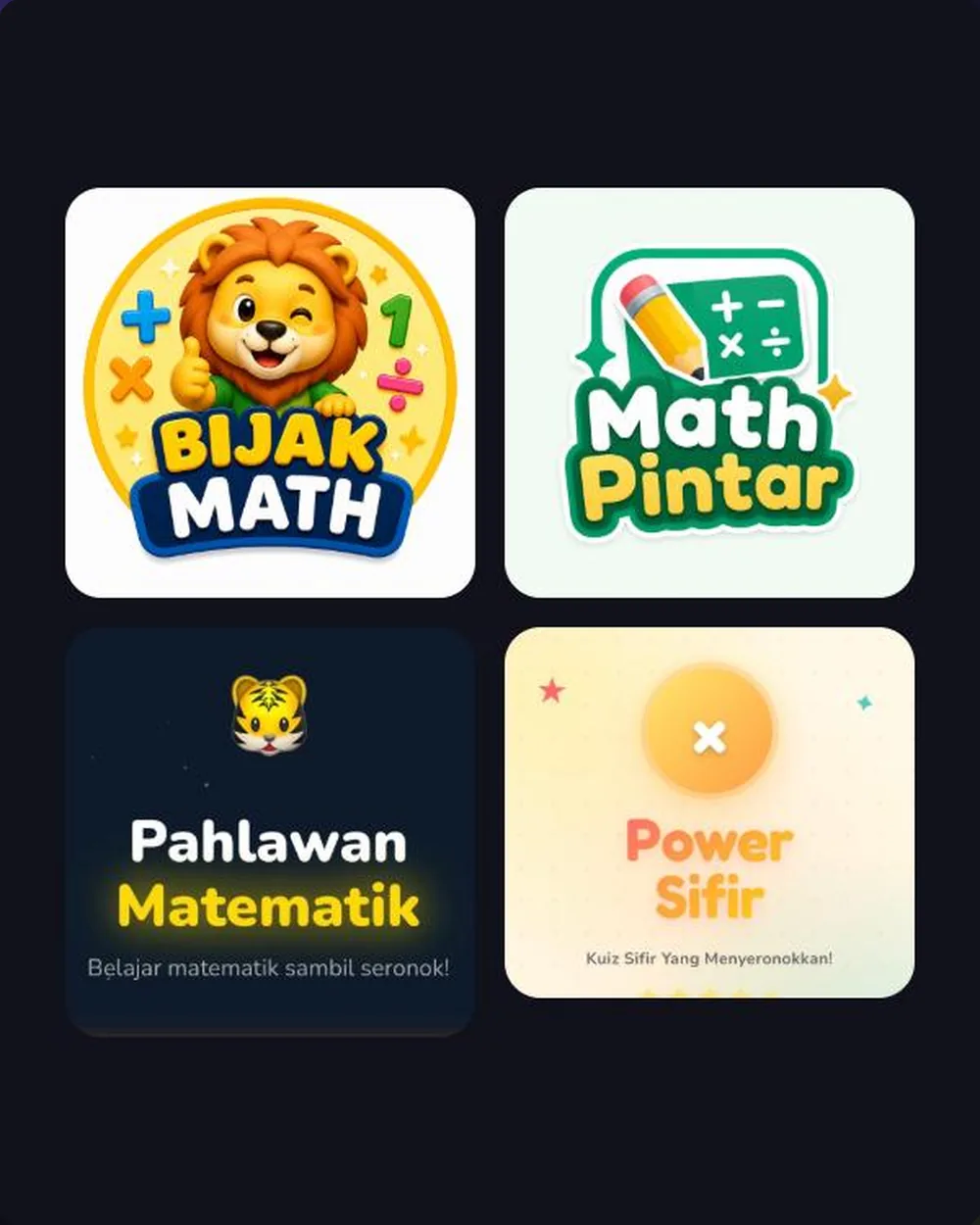 4 maths apps: Bijak Math, Math Pintar, Pahlawan Matematik and Power Sifir