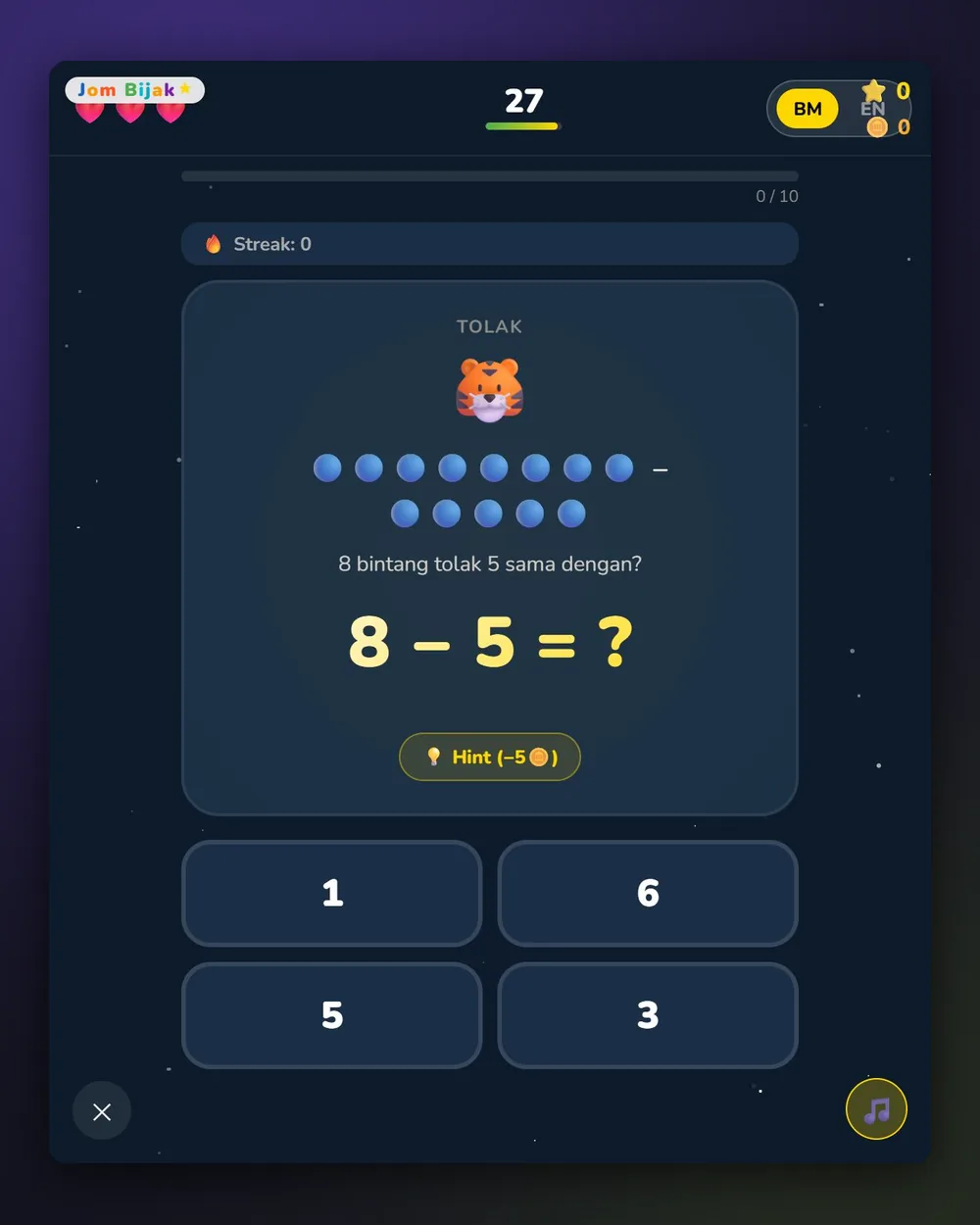 Real Pahlawan Matematik gameplay: visual questions, hints, streaks and coins