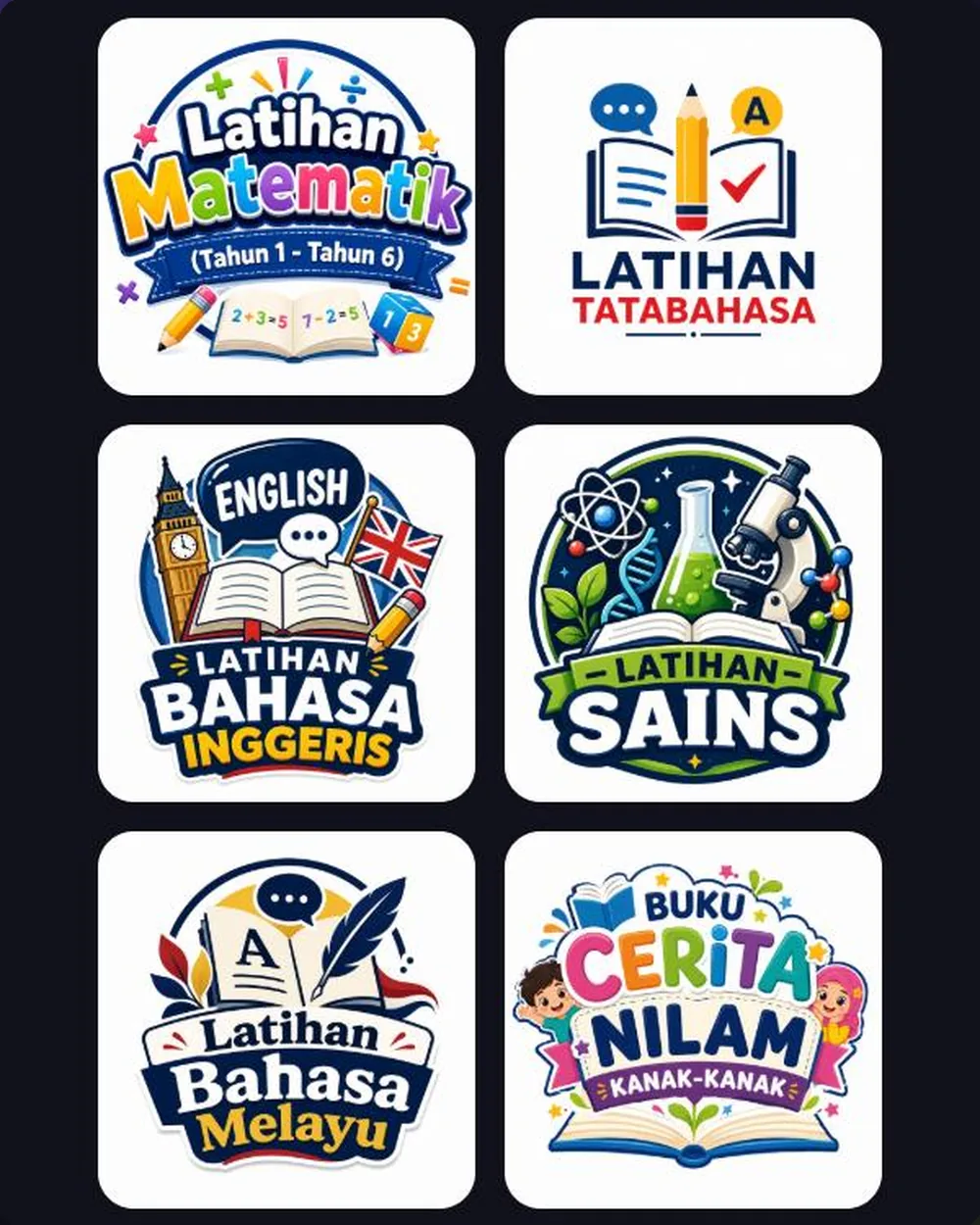 6 bonus sets: Maths, Grammar, English, Science, Malay and Nilam story books