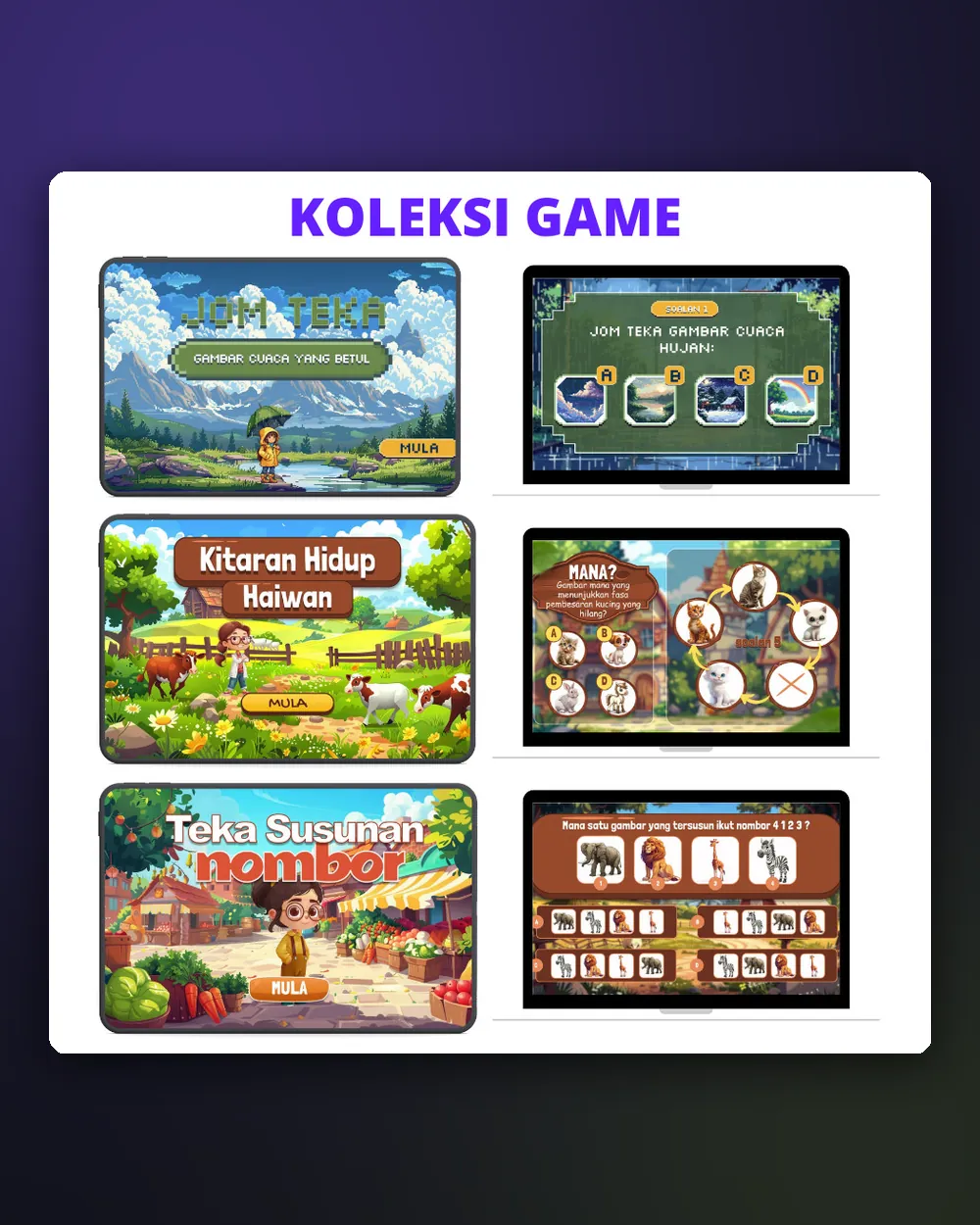 Koleksi game: Jom Teka Cuaca, Kitaran Hidup Haiwan, Teka Susunan Nombor