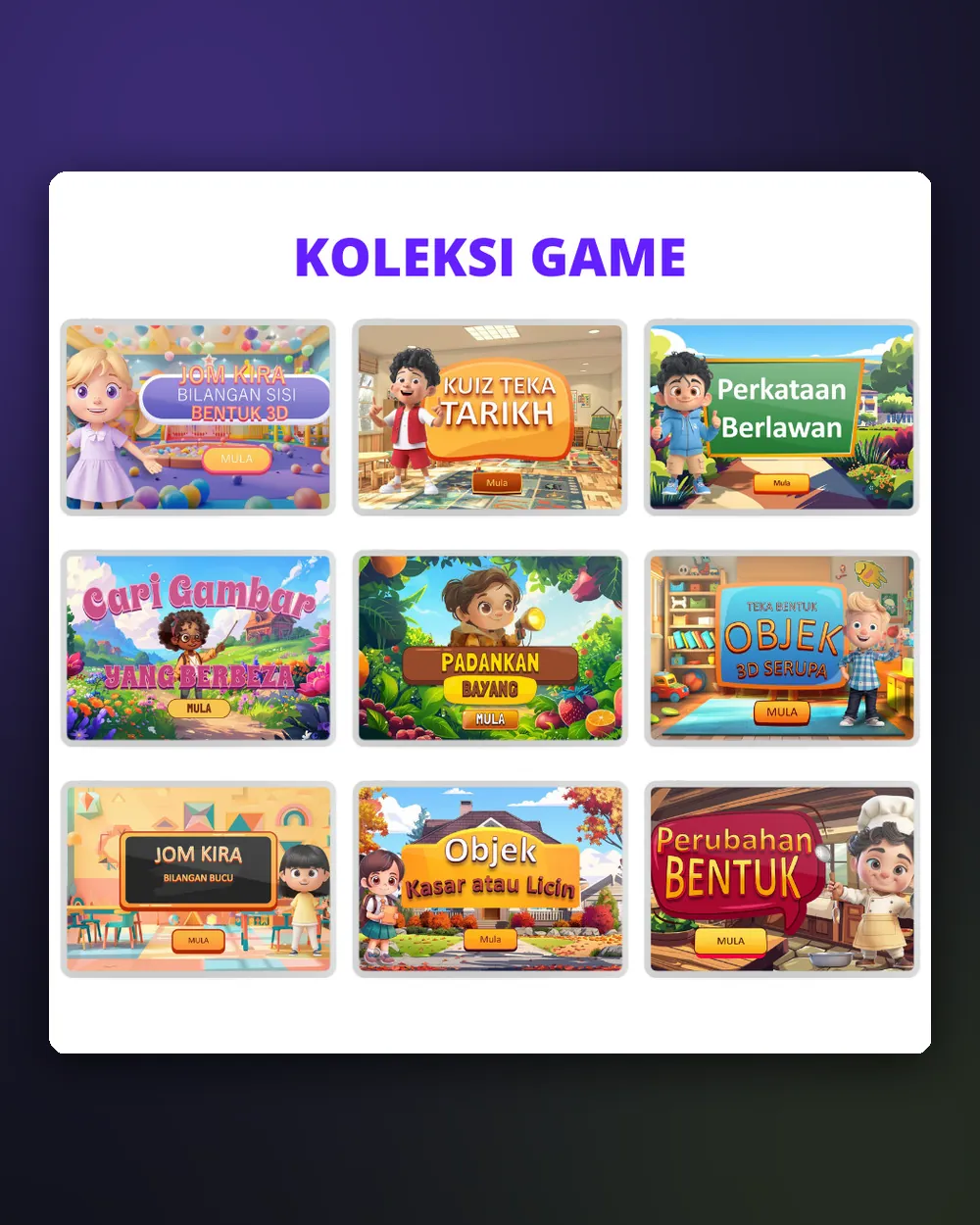 Lebih banyak game: bentuk 3D, tarikh, perkataan berlawan, padankan bayang dan lain-lain